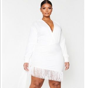 PrettyLittleThing Plus White Long Sleeve Tassel Hem Drape Detail Bodycon Dress